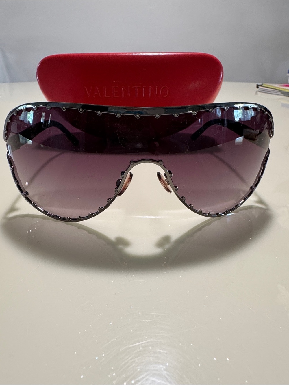 Pre-Loved Valentino Shield Sunglasses with Purple Gradient Lenses